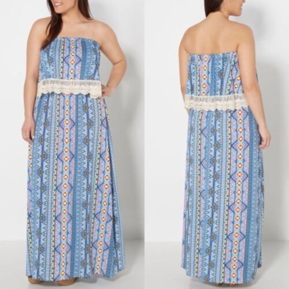 Rue21 Dresses & Skirts - NWT Rue21 Festival Flounce Maxi Tube Dress Crochet Trim Aztec Print 3X 22/24
